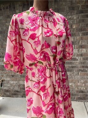 JODIFL Pink Floral Midi Dress with Ruffled Neckline